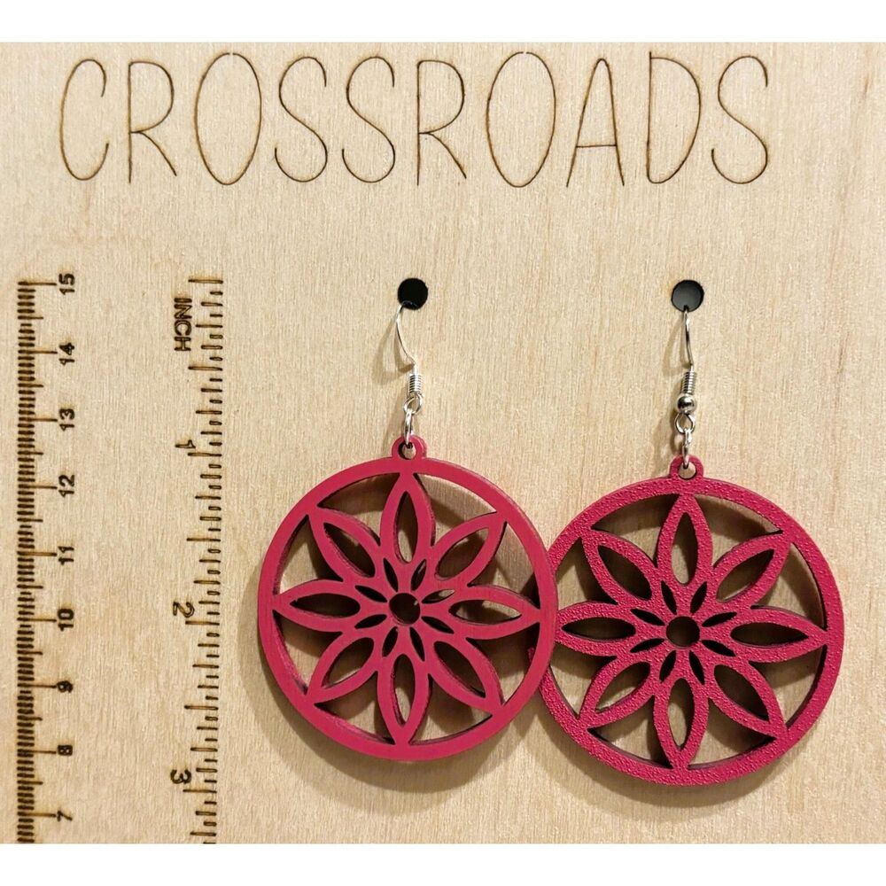 Wood Earrings - 1.87" x 1.75" Circle Flower - Pink - E105-24